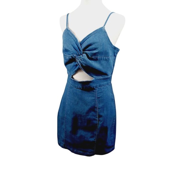 Iris, Denim, Y2K Cut Out Mini Dress, Stretch Denim, Tag Says XL, but is M-L - Picture 5 of 13